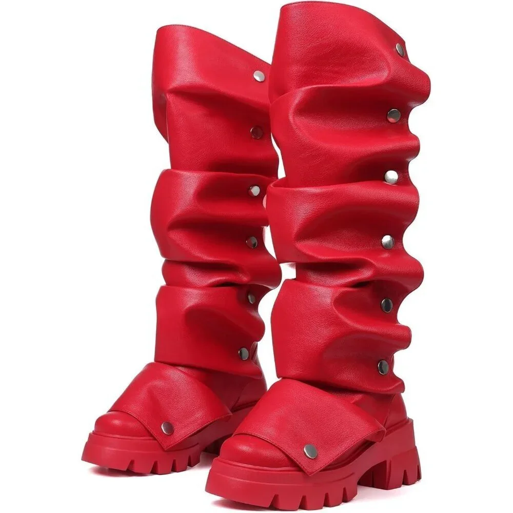 Women's Red Pu Fold Over Knee Slouchy Ruched Stacked Heel Round Toe Boots